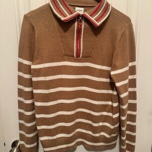 J. Crew Tan and White Striped Women's Zip Up Sweater
